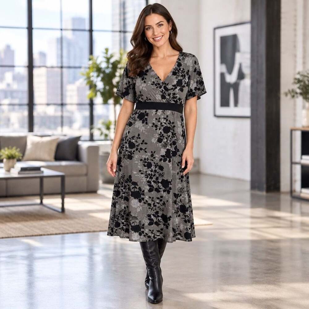 Lane Bryant Floral Midi Dress Size 14/16 Gray Black V-Neck Short Sleeve